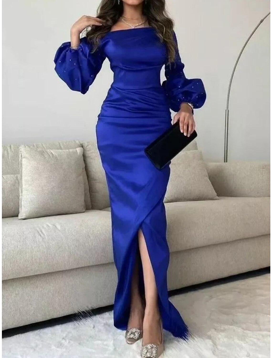 Mermaid / Trumpet Evening Gown Elegant Dress Formal Floor Length Long Sleeve Square Neck Satin with Ruched Sequin Slit 2025